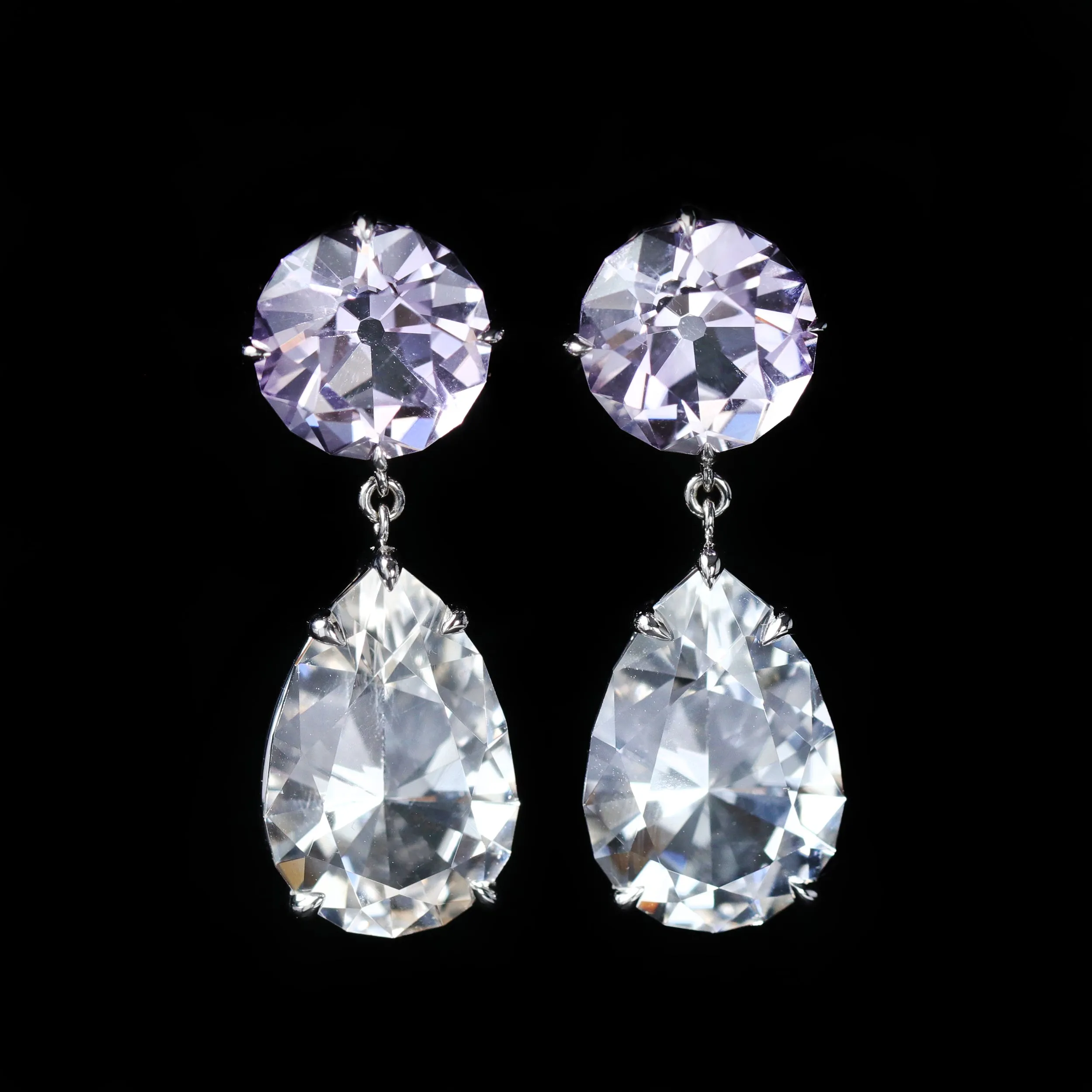 14K White Gold 11.76 CTW Quartz and Amethyst Dangle Earrings