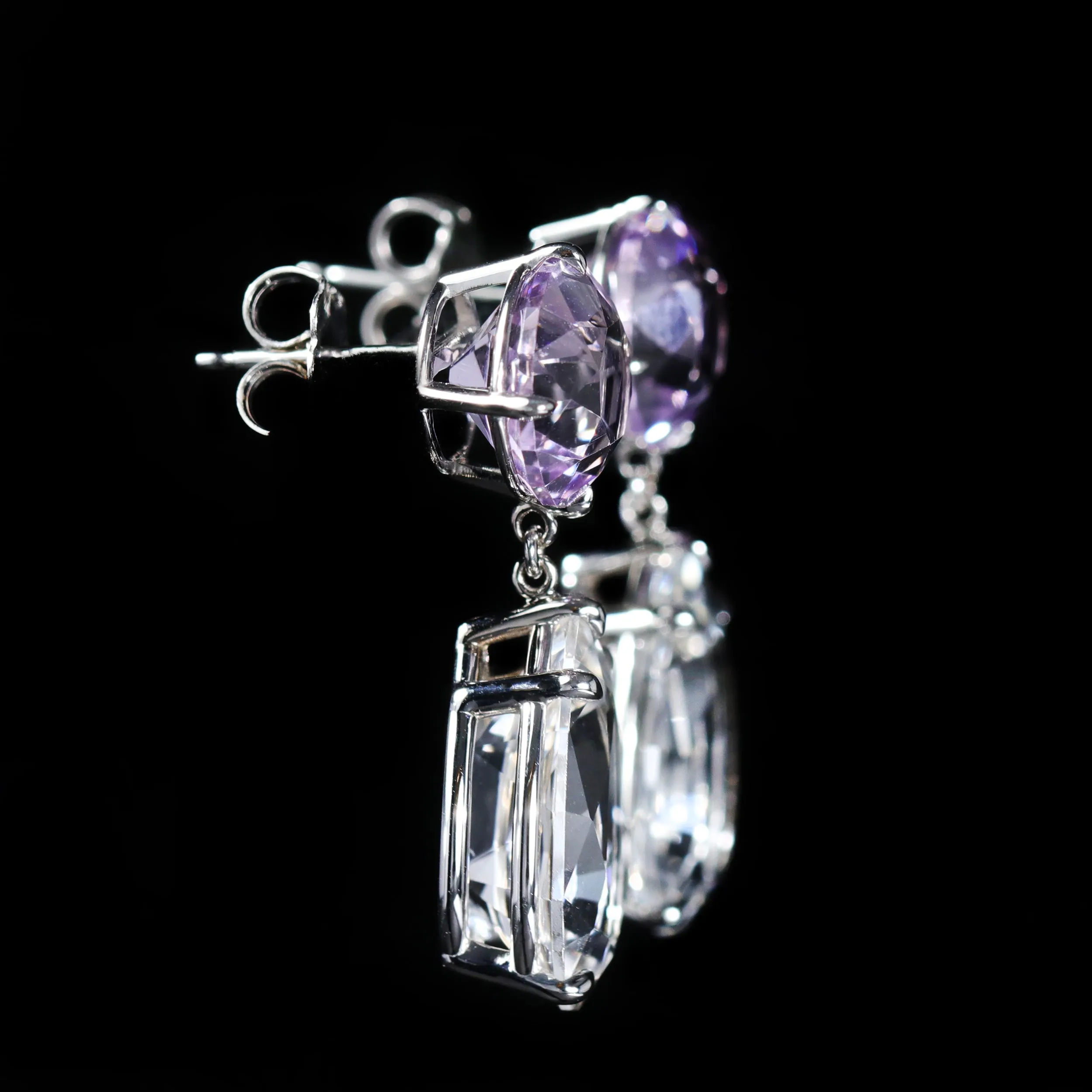 14K White Gold 11.76 CTW Quartz and Amethyst Dangle Earrings