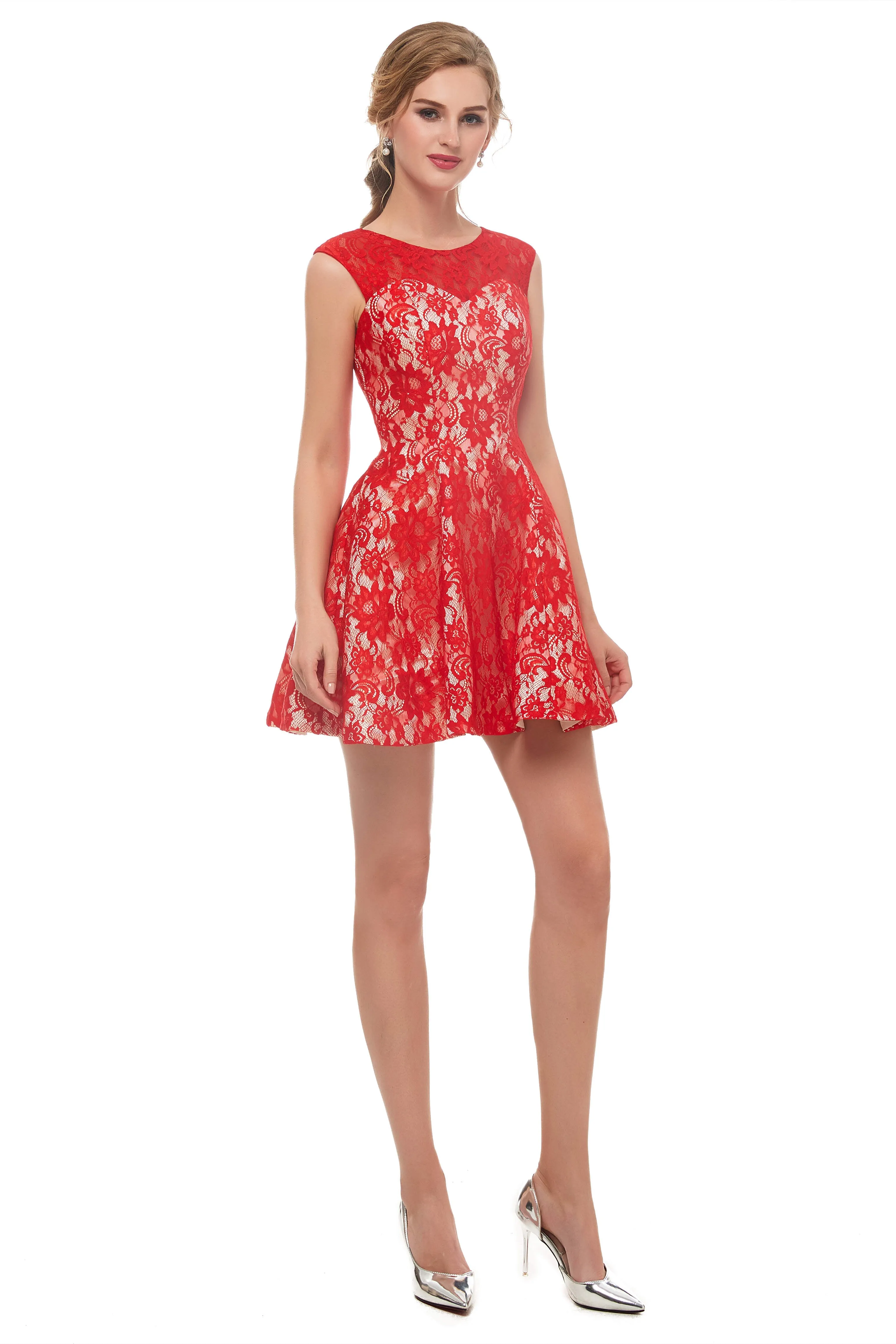 A-Line Red Lace Sleeveless Mini Homecoming Dresses