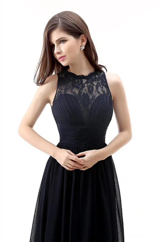 A Line Sleeveless Lace Chiffon Long Black Prom Dresses