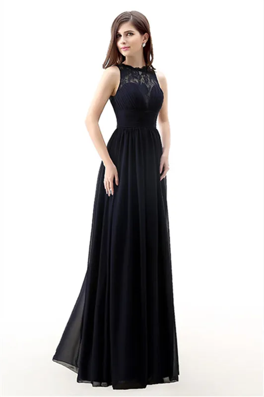 A Line Sleeveless Lace Chiffon Long Black Prom Dresses