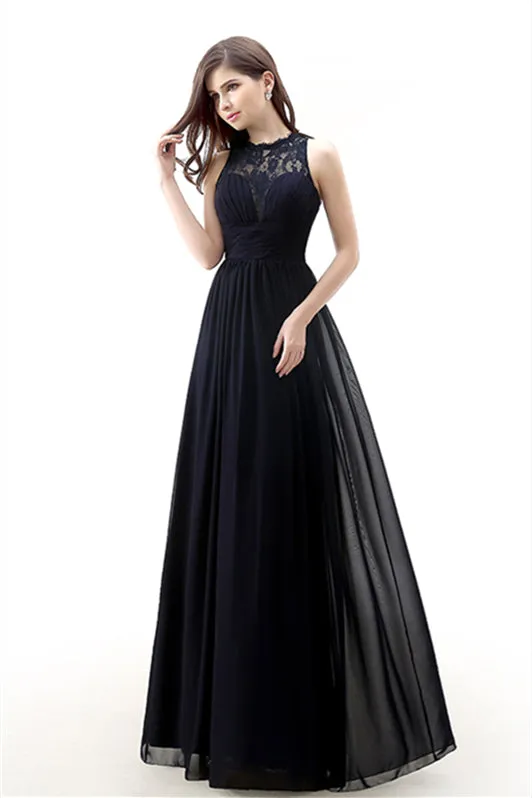 A Line Sleeveless Lace Chiffon Long Black Prom Dresses