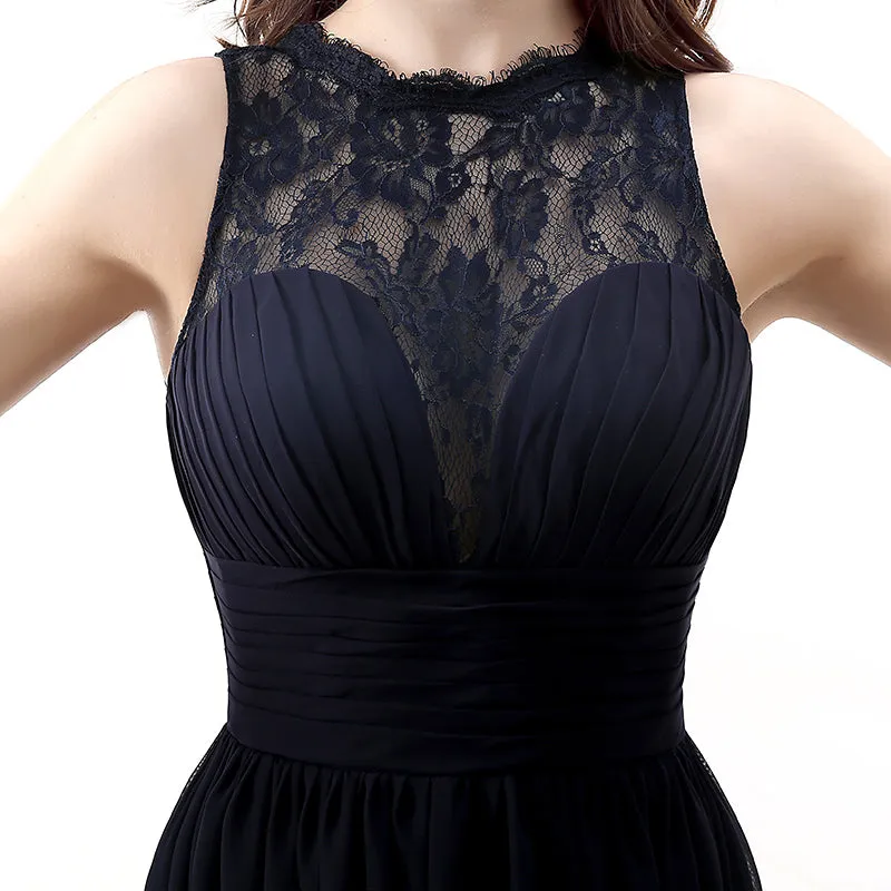 A Line Sleeveless Lace Chiffon Long Black Prom Dresses