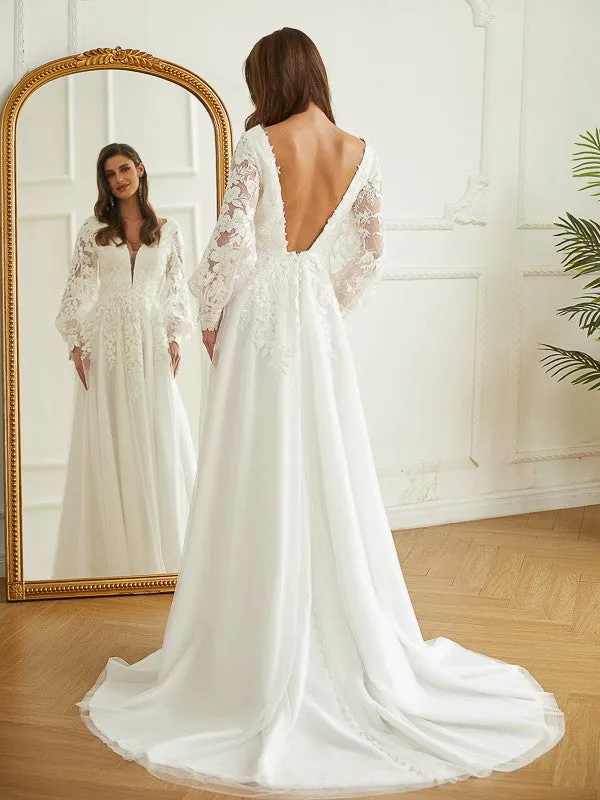 A-Line/Princess Tulle Lace V-neck Long Sleeves Court Train Wedding Dresses