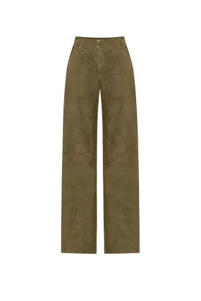 Ava Women's Wide-Leg Suede Leather Trousers - Khaki