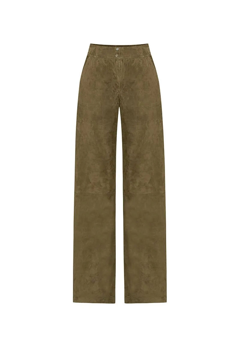 Ava Women's Wide-Leg Suede Leather Trousers - Khaki