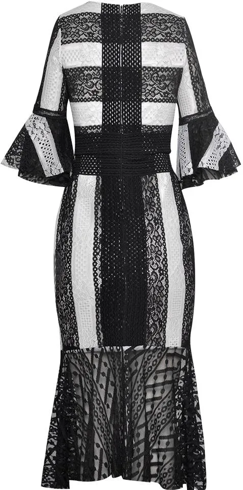 Black and White Color-Block Lace Flared Midi Dress