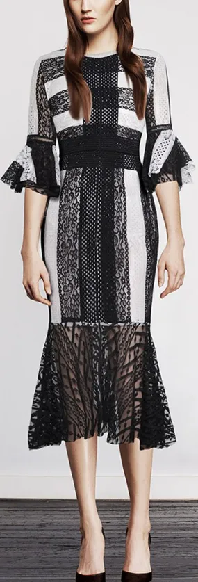 Black and White Color-Block Lace Flared Midi Dress