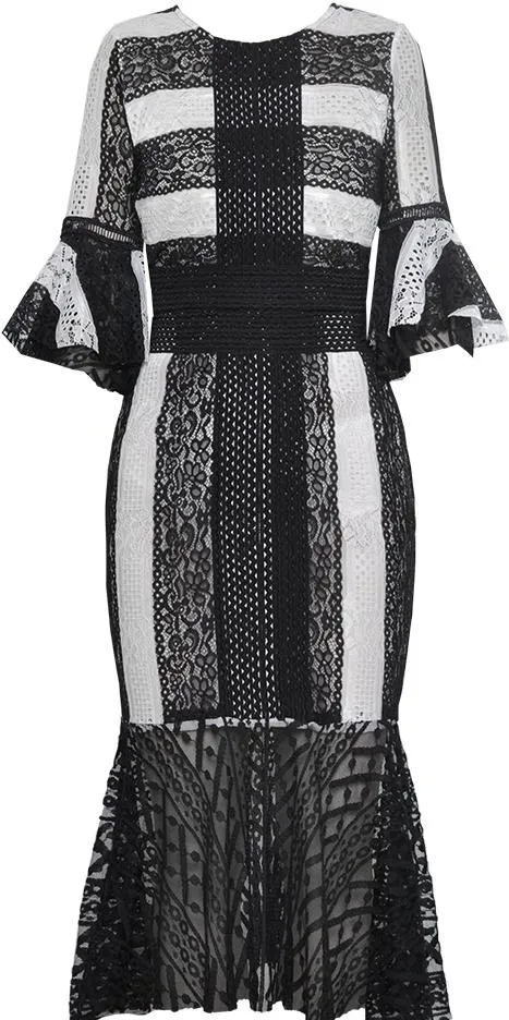 Black and White Color-Block Lace Flared Midi Dress