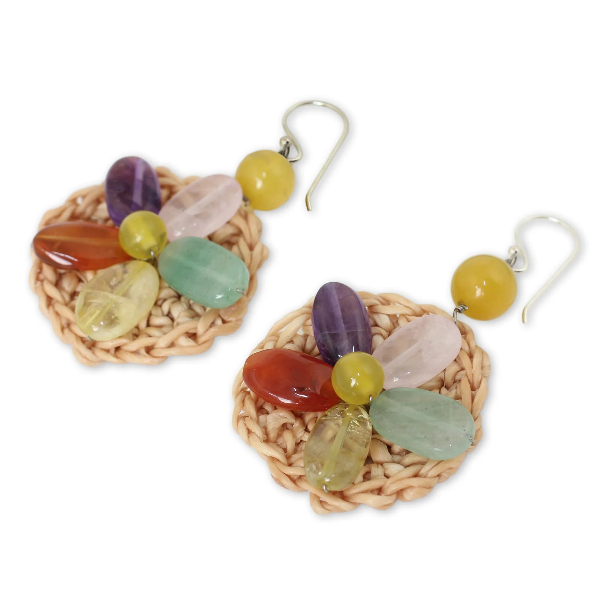 Blossoming Rhyme Multi Gemstone Flowers on Beige Hand Crocheted Earrings