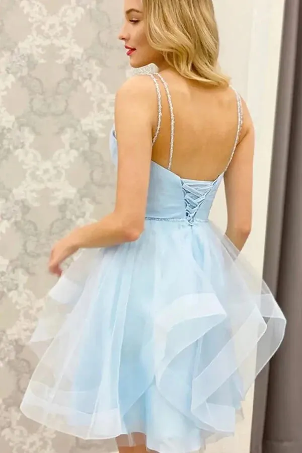 Blue Tulle A-line V-neck Cheap Homecoming Dresses, Short Prom Dresses, SH598