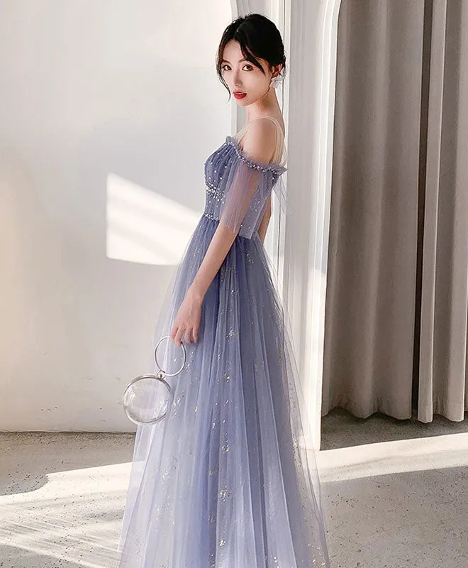 Blue Tulle Lace Long Prom Dress Blue Tulle Lace Evening Dress