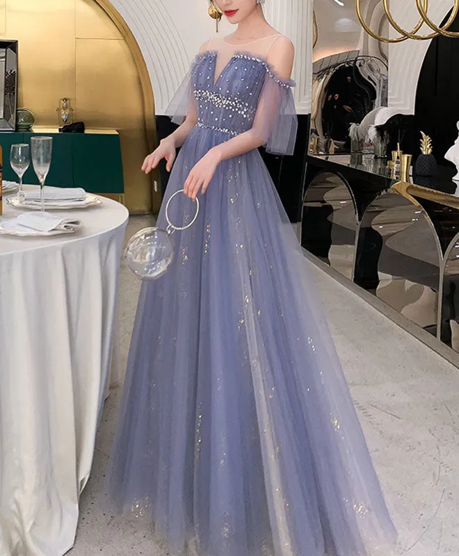 Blue Tulle Lace Long Prom Dress Blue Tulle Lace Evening Dress