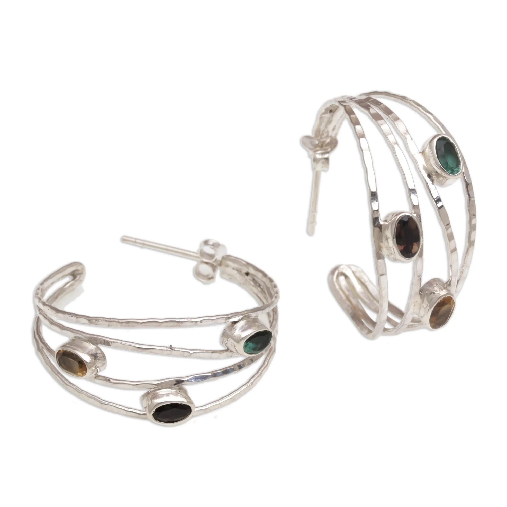 Bold Majesty Multi-Gemstone and Sterling Silver Half-Hoop Earrings