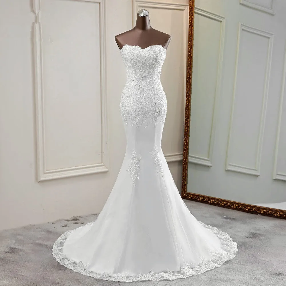 Chic Long Mermaid Strapless Lace Appliques Wedding Dress