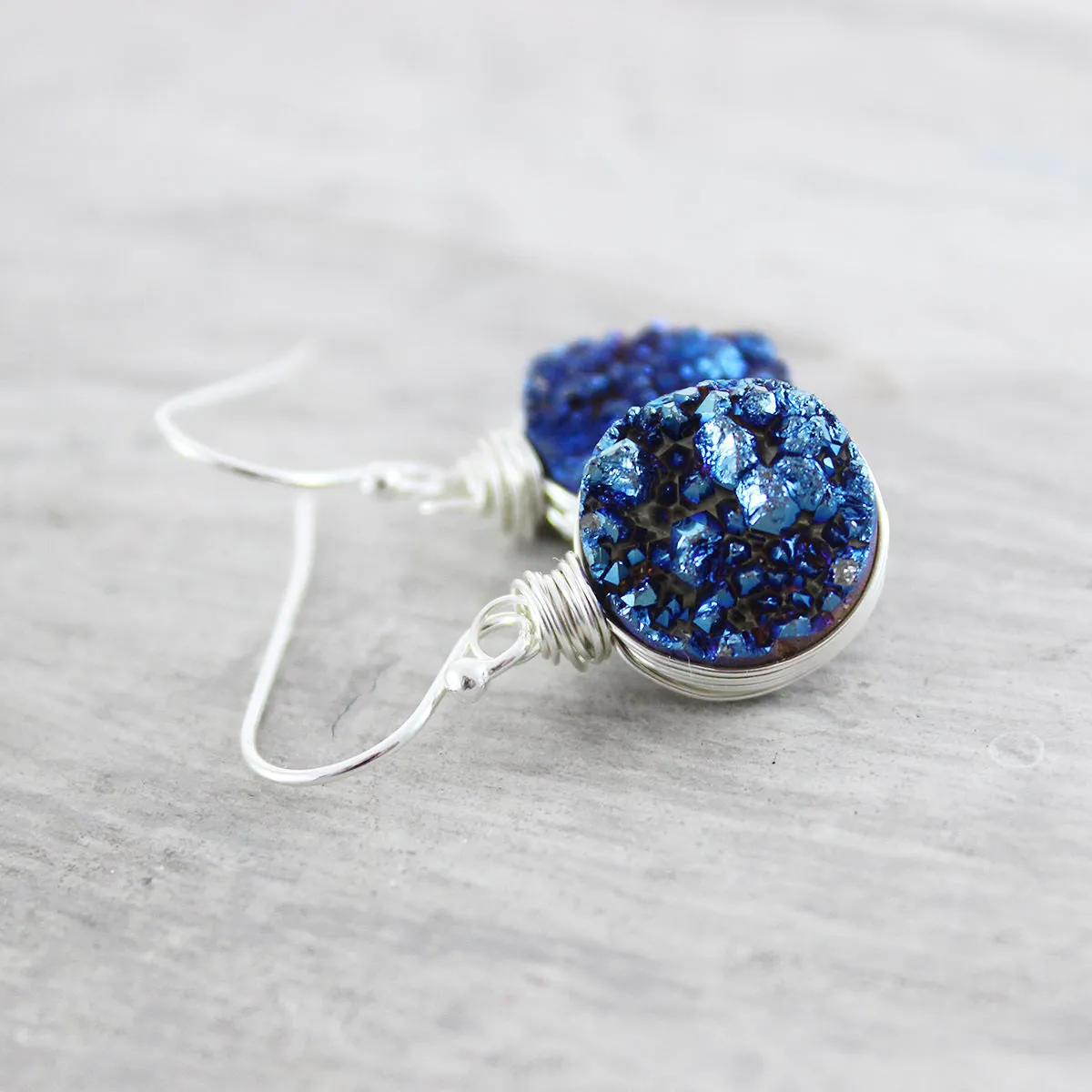 Dark Blue Druzy Sterling Silver Earrings