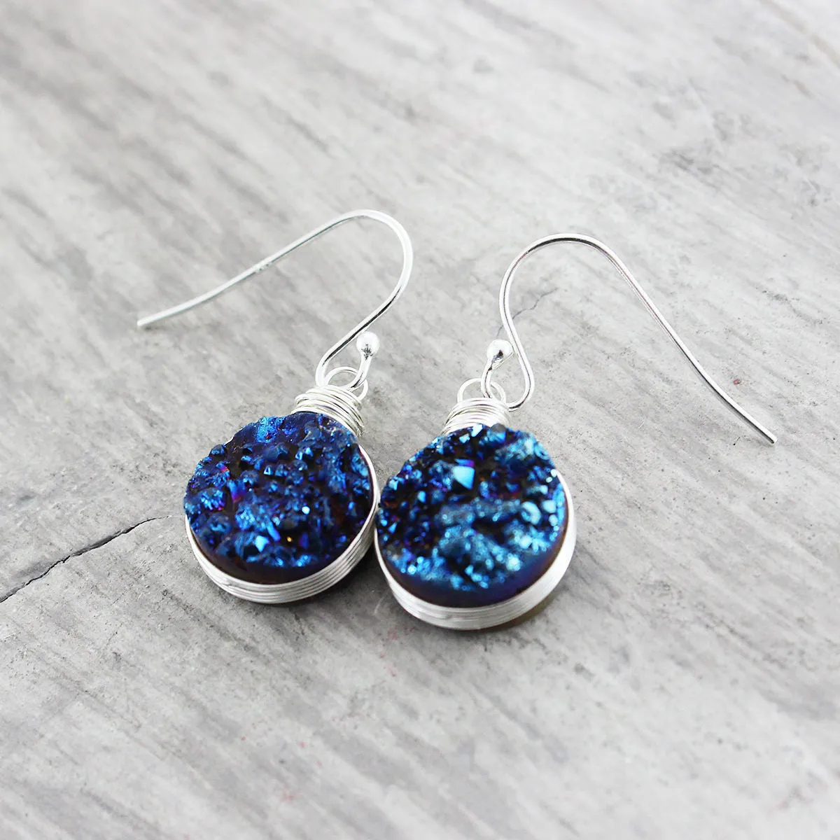 Dark Blue Druzy Sterling Silver Earrings