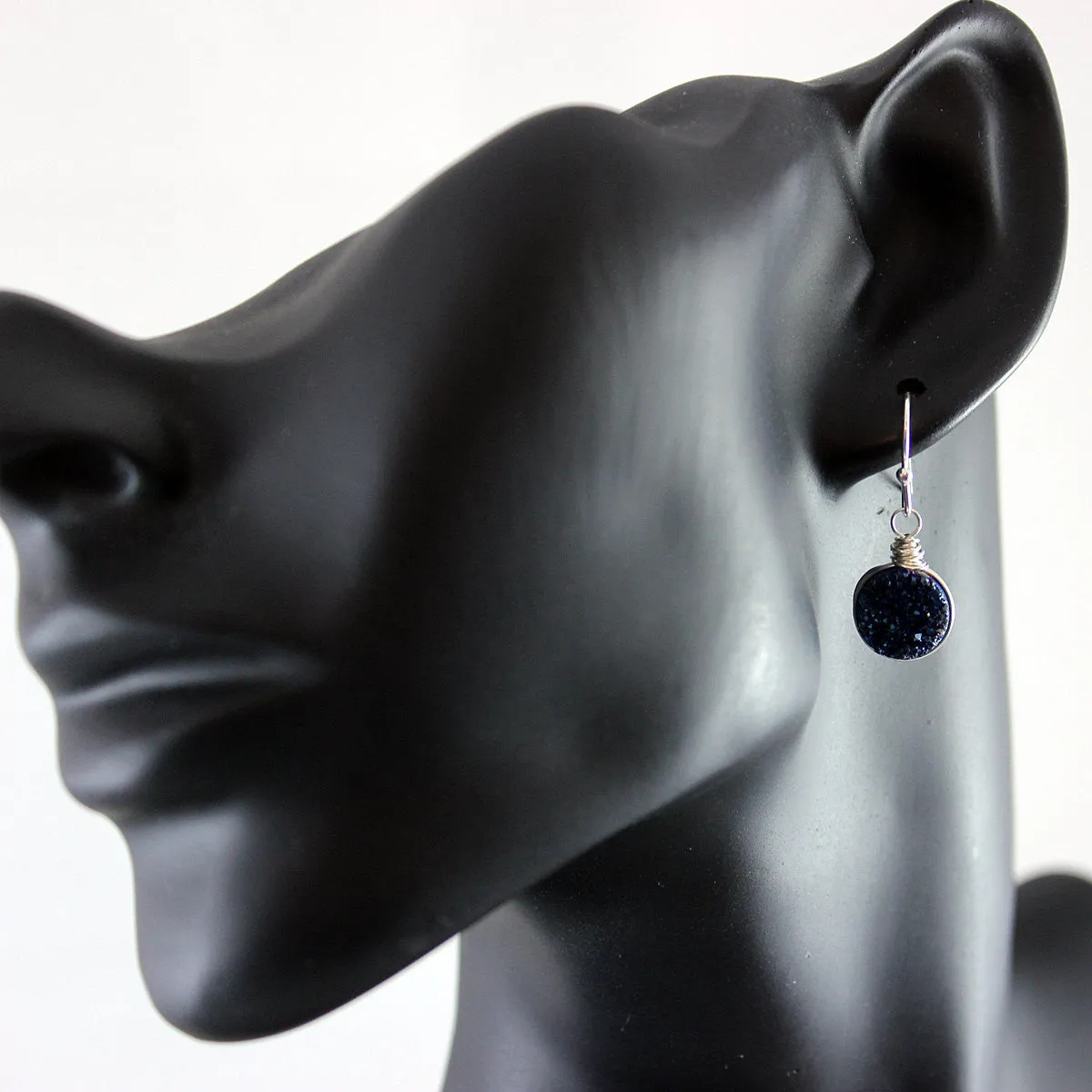 Dark Blue Druzy Sterling Silver Earrings