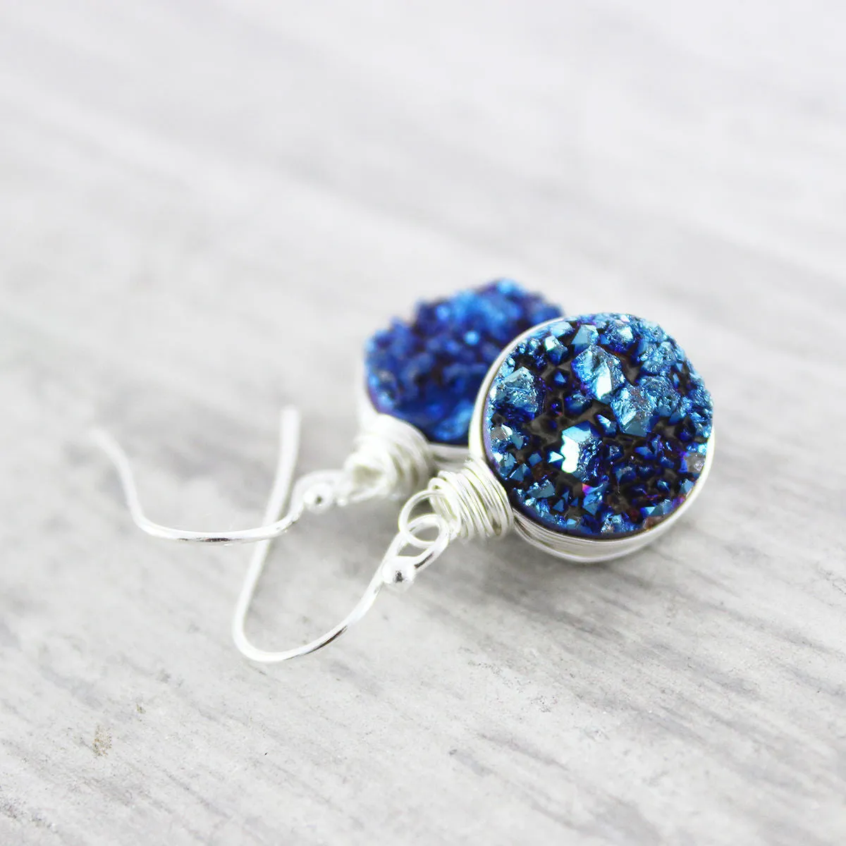 Dark Blue Druzy Sterling Silver Earrings