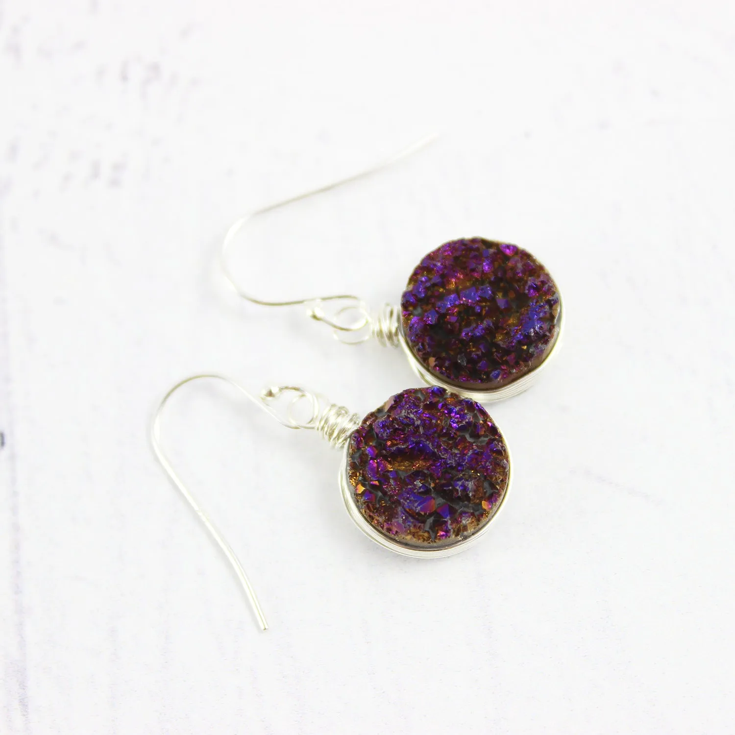 Dark Metallic Purple Druzy Sterling Silver Earrings