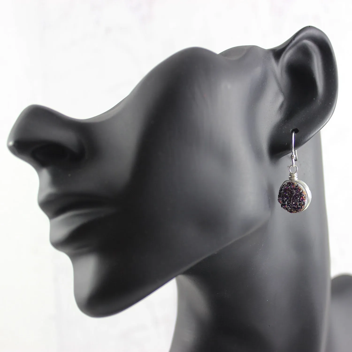 Dark Metallic Purple Druzy Sterling Silver Earrings