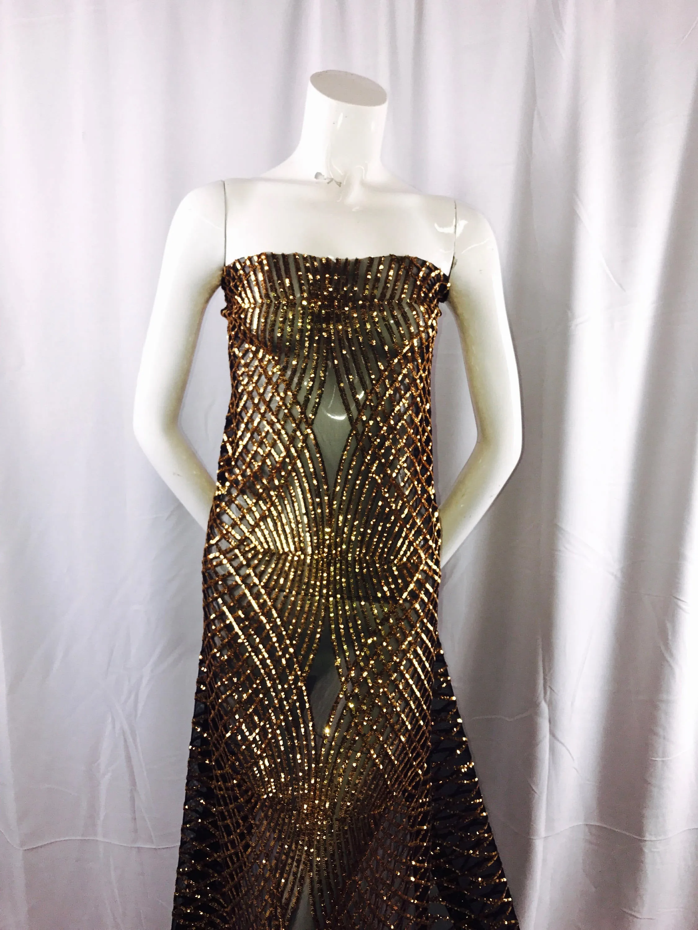 Dk-Gold  venom diamond web-embroider with sequins on a black mesh lace fabric-wedding-bridal-prom-nightgown fabric-dresses-sold by the yard.