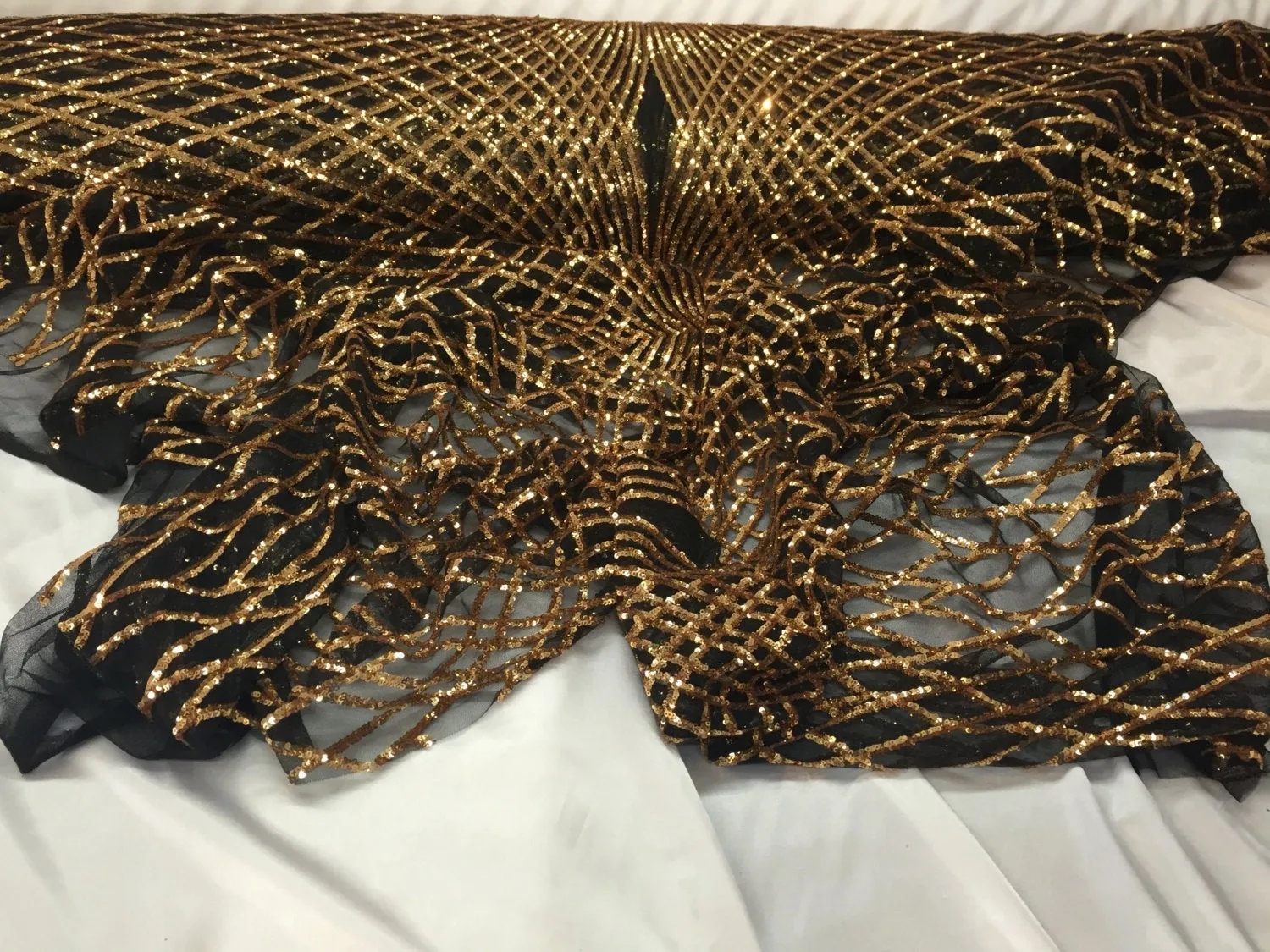 Dk-Gold  venom diamond web-embroider with sequins on a black mesh lace fabric-wedding-bridal-prom-nightgown fabric-dresses-sold by the yard.