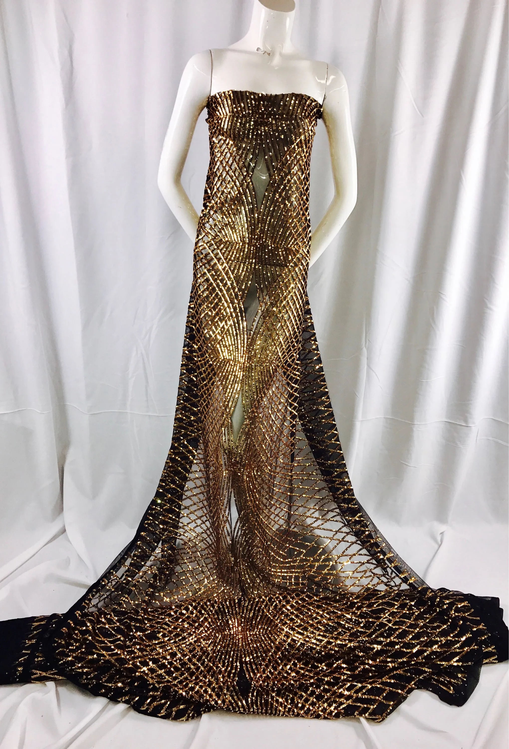 Dk-Gold  venom diamond web-embroider with sequins on a black mesh lace fabric-wedding-bridal-prom-nightgown fabric-dresses-sold by the yard.