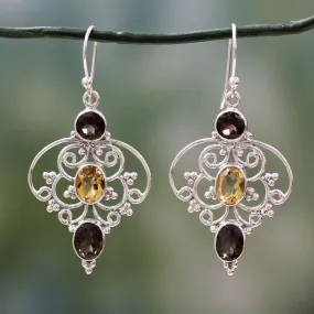 Dusk Arabesque Indian Sterling Silver Earrings with Smoky Quartz & Citrine