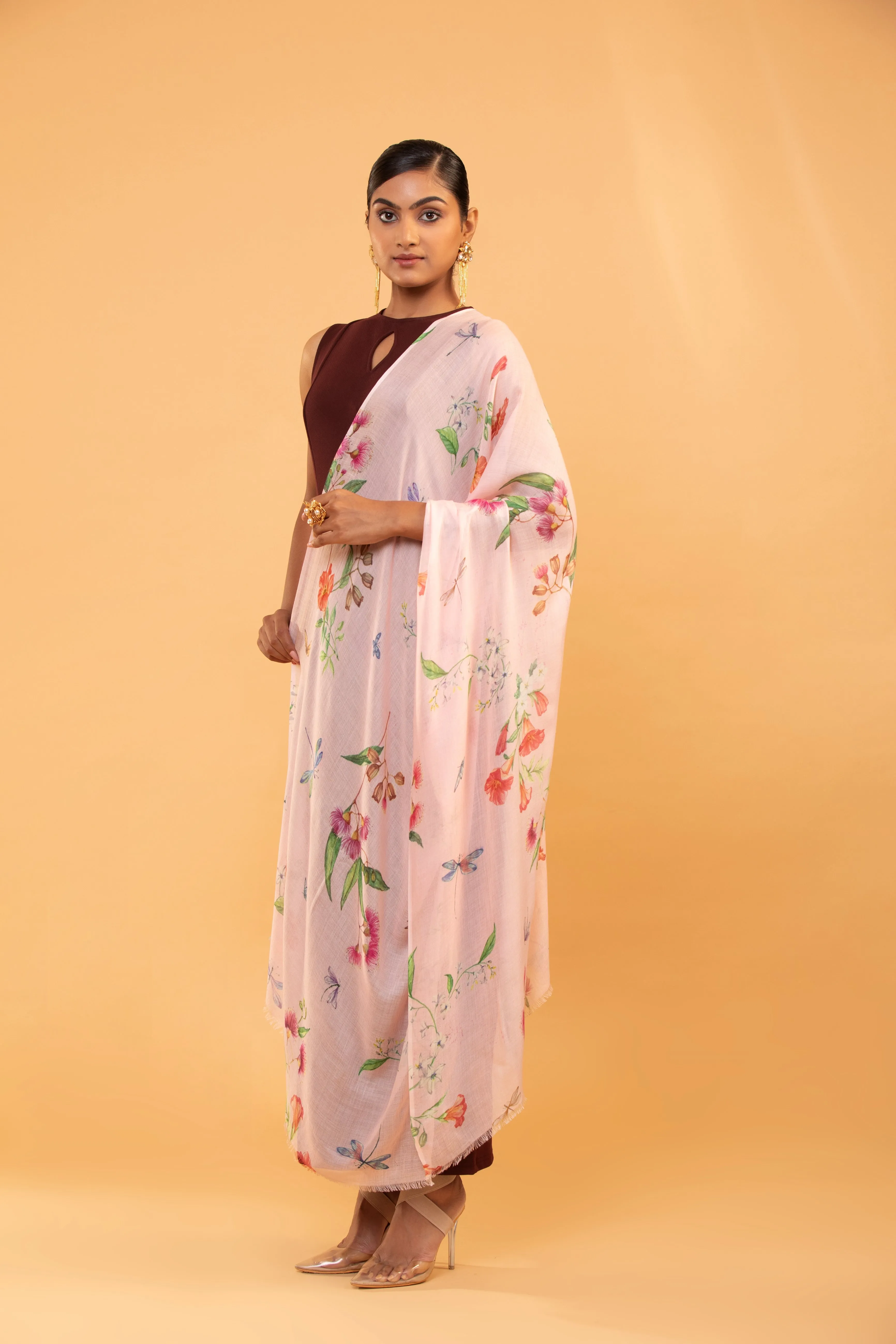 Elegant Pastel Pink Floral Printed Fine Wool Shawl for Women