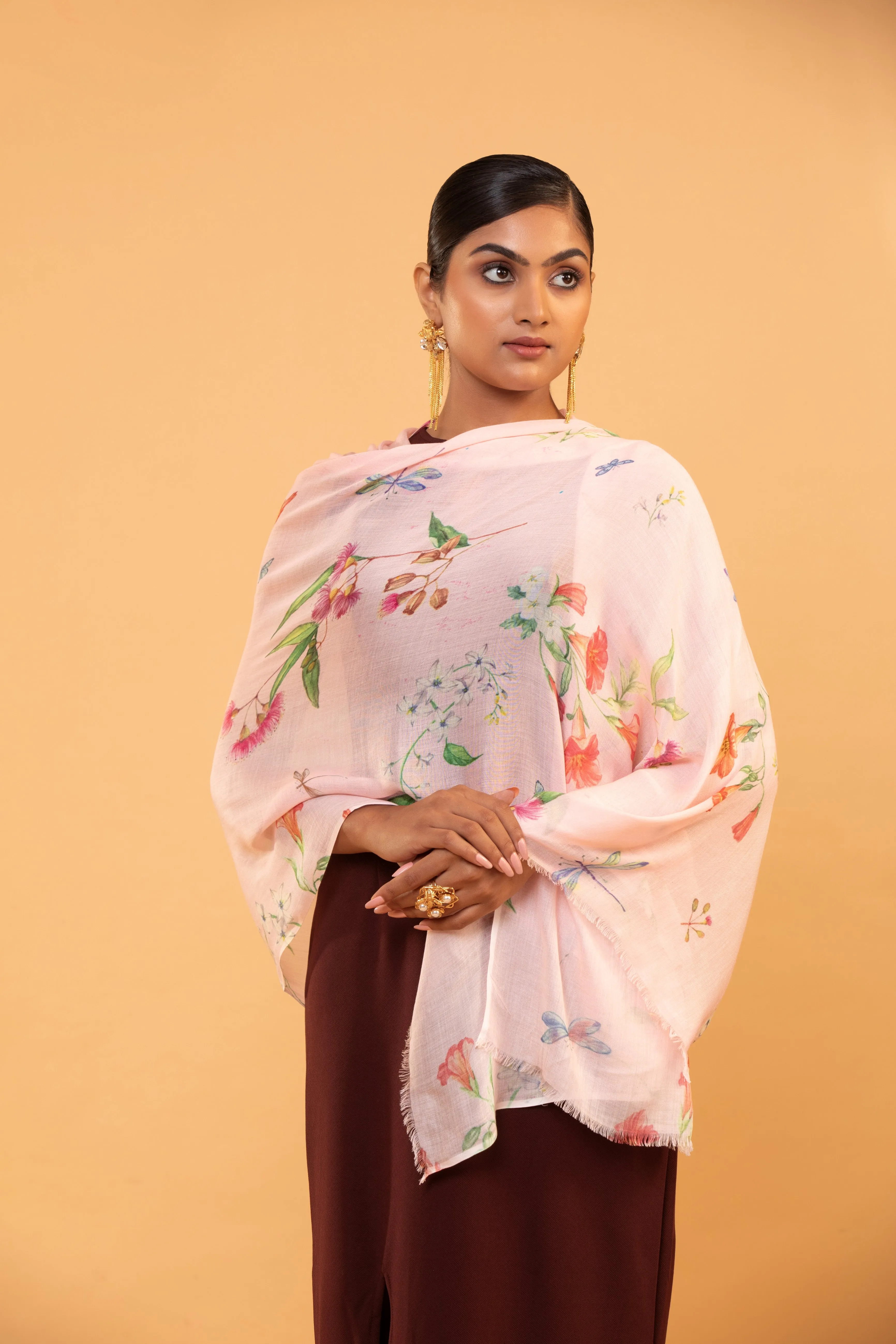 Elegant Pastel Pink Floral Printed Fine Wool Shawl for Women