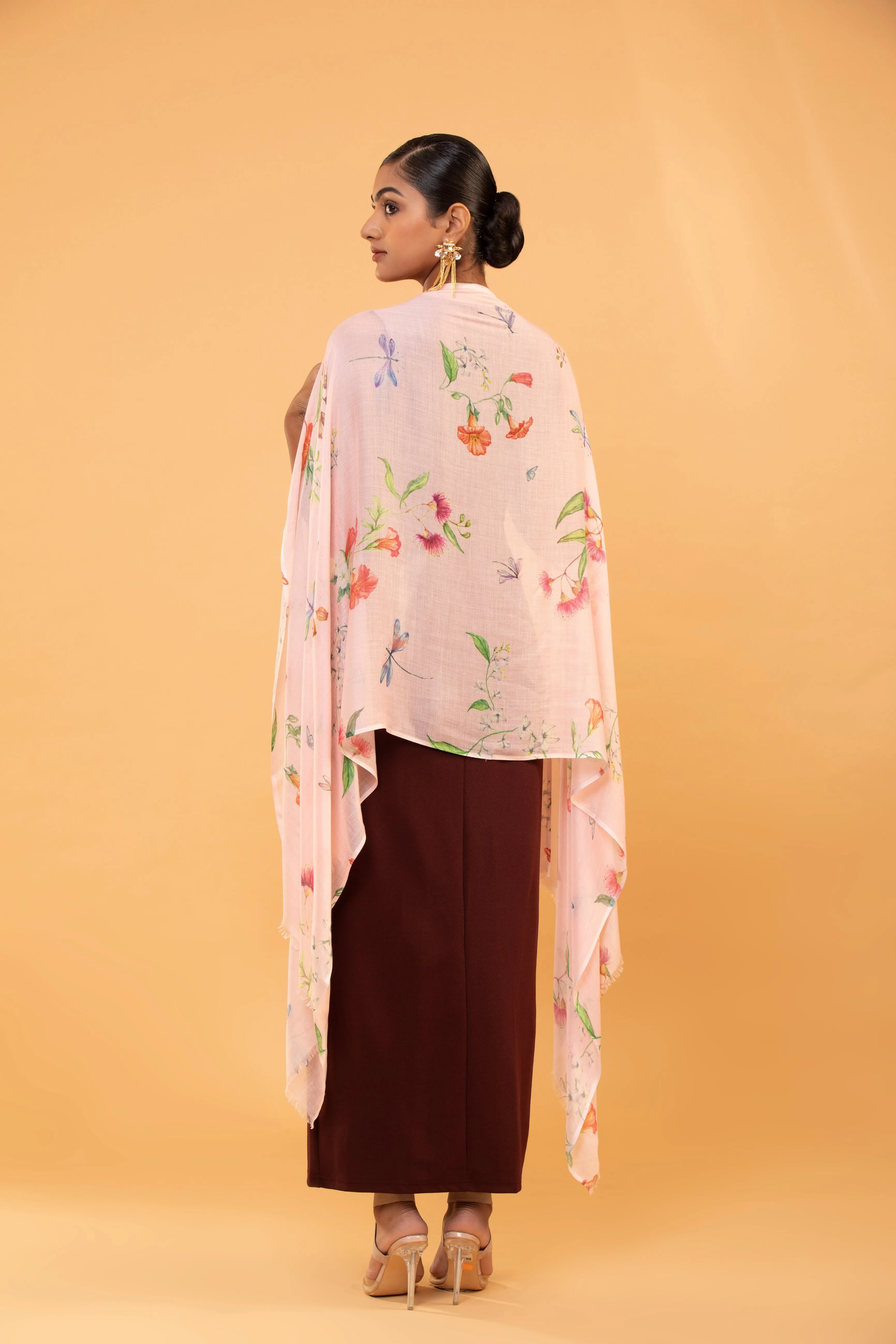 Elegant Pastel Pink Floral Printed Fine Wool Shawl for Women