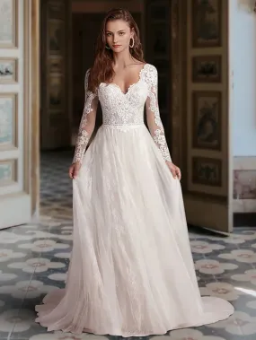 Engagement Formal Wedding Dresses Court A-Line Long Sleeve V Neck Lace With Appliques