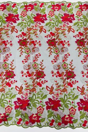 Floral Design Lace Fabric - Red / Green Embroidered Floral Design on Black Lace Fabric by Yard