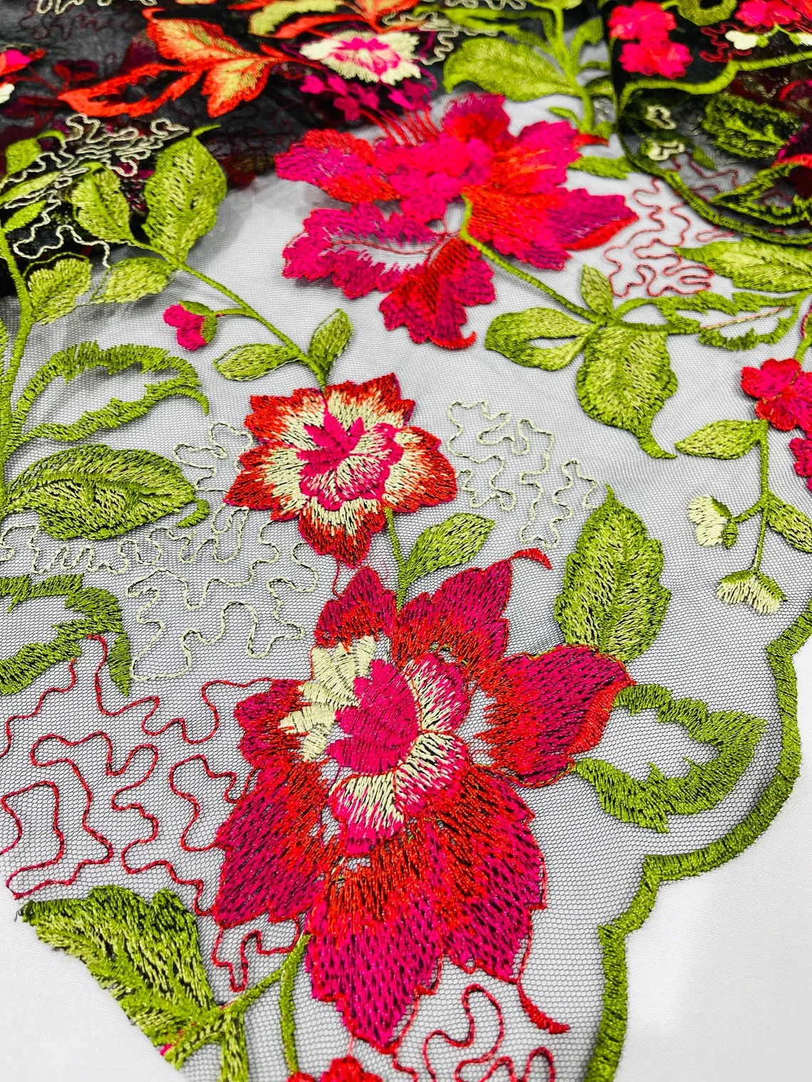 Floral Design Lace Fabric - Red / Green Embroidered Floral Design on Black Lace Fabric by Yard