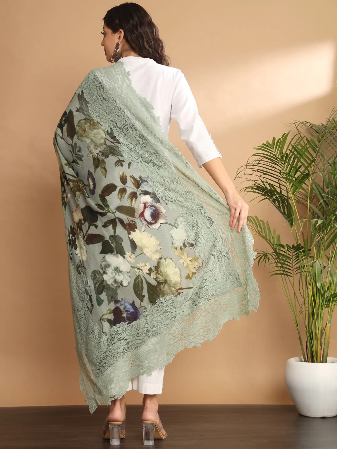 Floral Printed Shawl with Lace