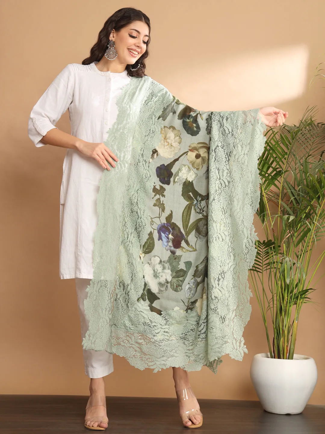 Floral Printed Shawl with Lace