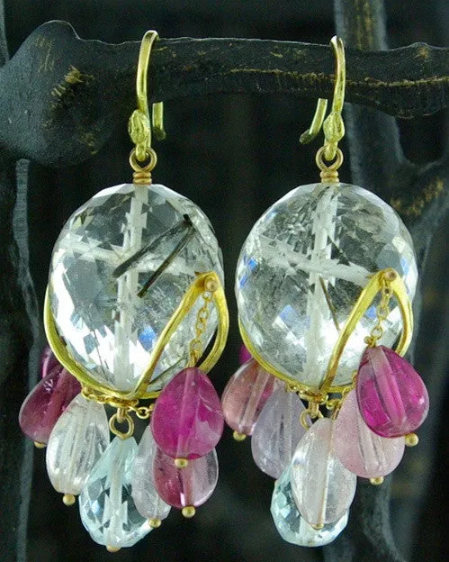 Gabrielle Sanchez 18K Yellow Gold, Rutilated Quartz and Pink Tourmaline Earrings