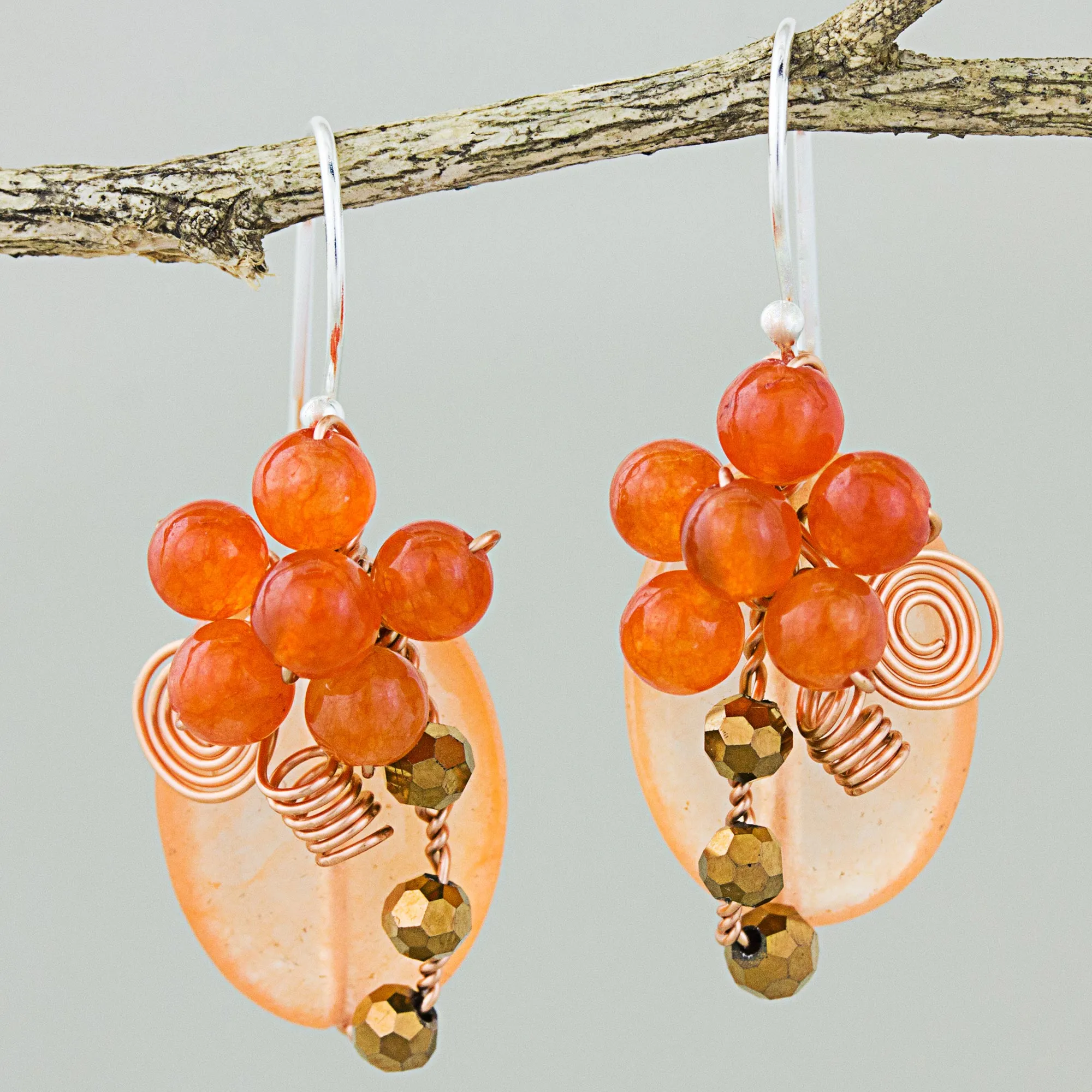 Garden Bliss in Orange Quartz Silver Beaded Earrings