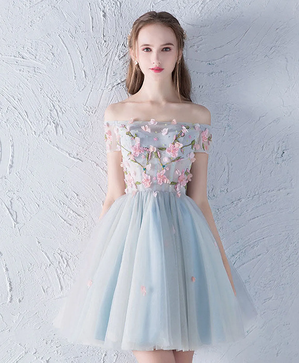 Gray Blue Tulle Lace Applique Short Prom Dress, Homecoming Dress