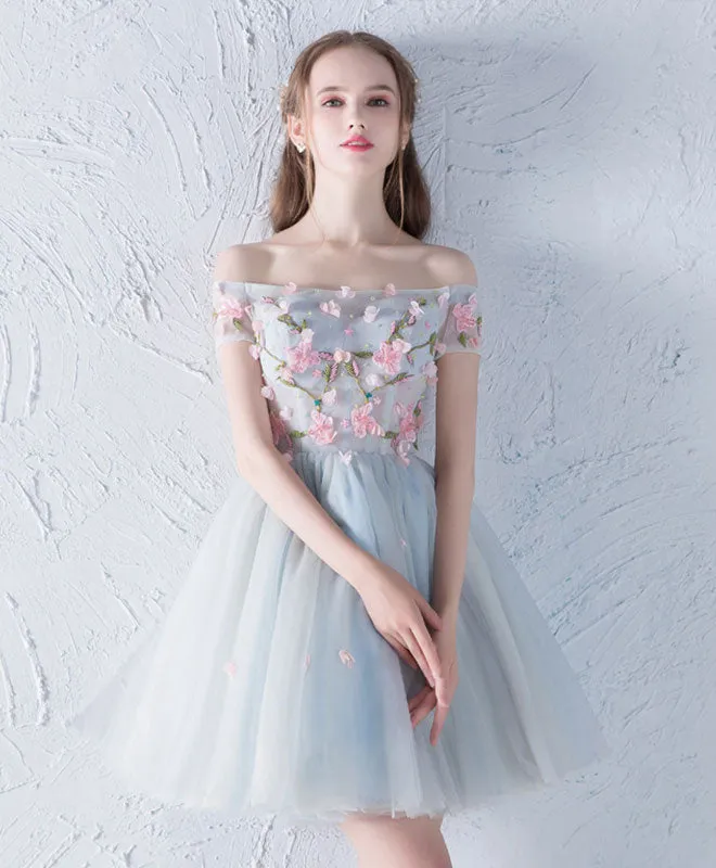 Gray Blue Tulle Lace Applique Short Prom Dress, Homecoming Dress