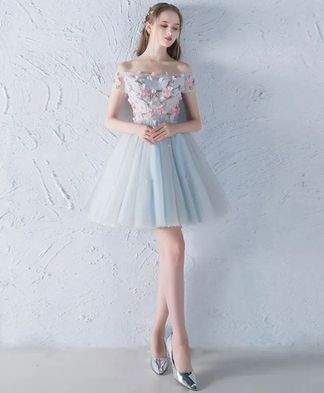 Gray Blue Tulle Lace Applique Short Prom Dress, Homecoming Dress