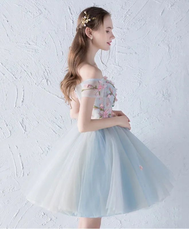 Gray Blue Tulle Lace Applique Short Prom Dress, Homecoming Dress