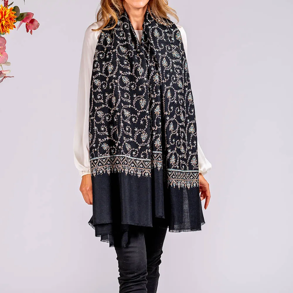 Hand Embroidered Black and  Pastel Cashmere Ring Shawl