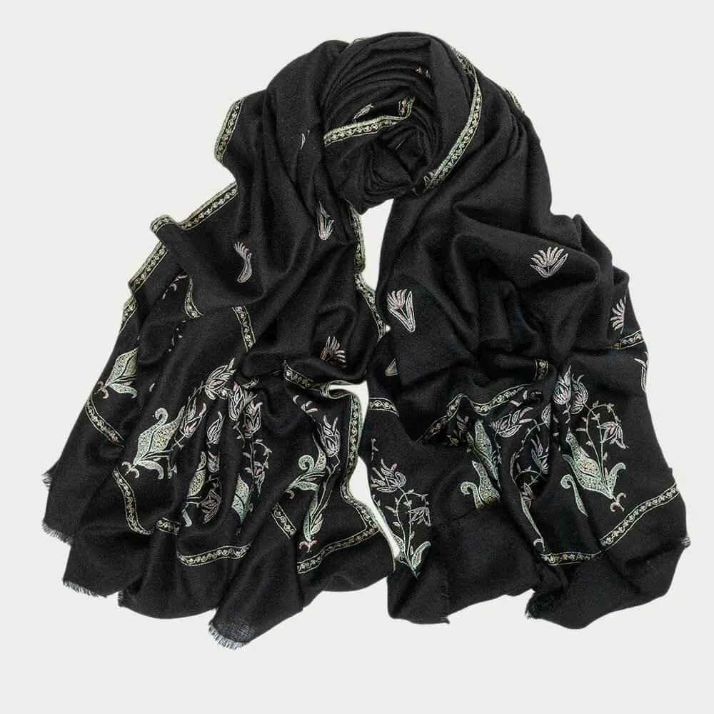 Hand Embroidered Pashmina Cashmere Shawl - Black Tulips