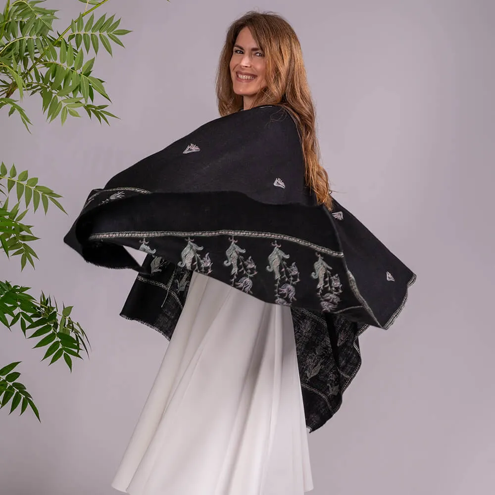 Hand Embroidered Pashmina Cashmere Shawl - Black Tulips