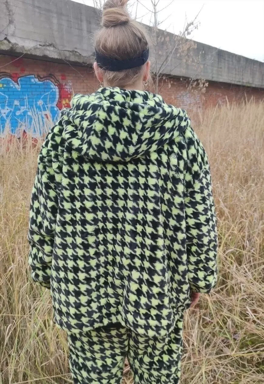 Hound tooth fleece bomber reversible handmade chess jacket