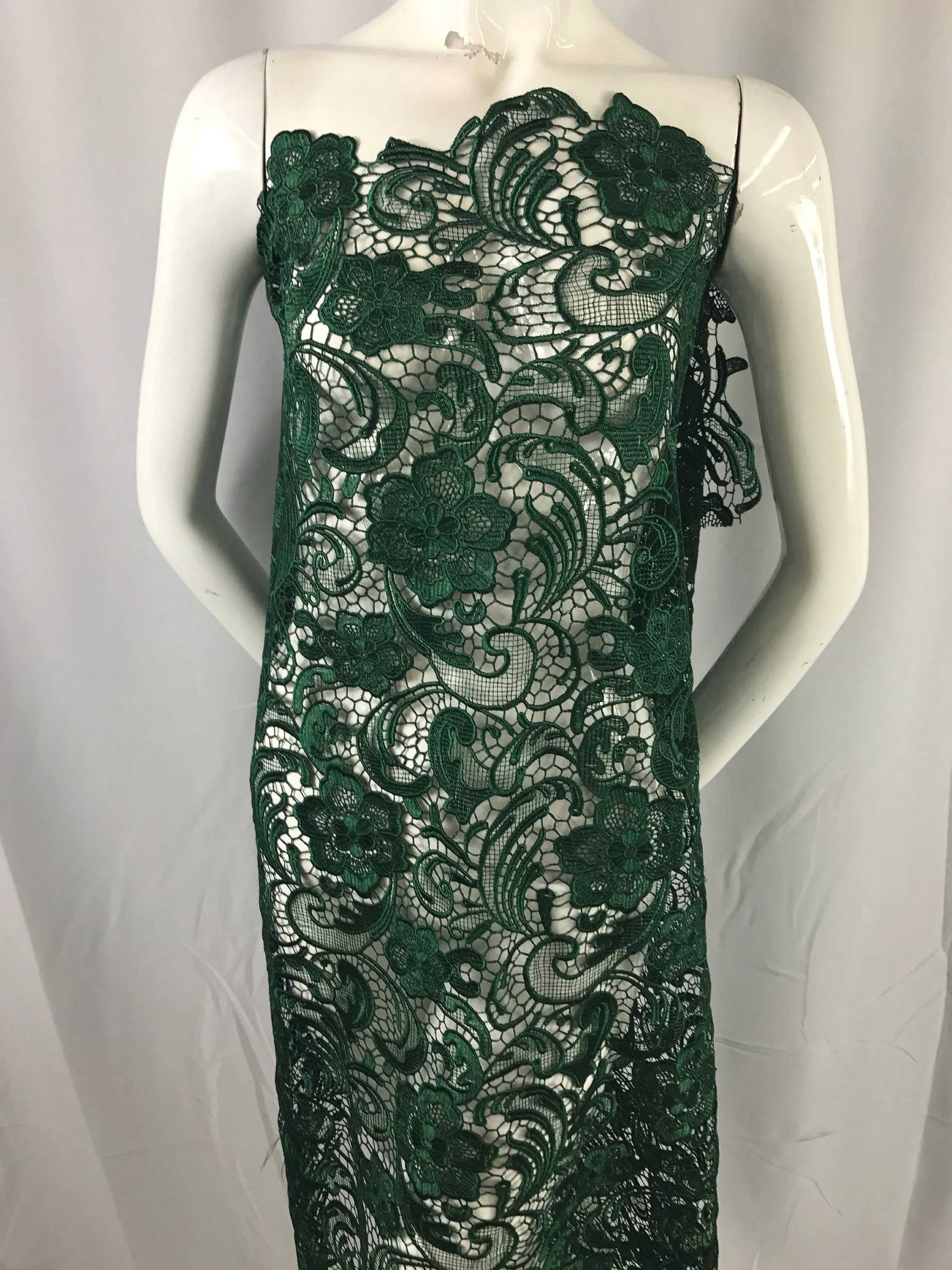 Hunter green floral guipure-chemical lace-dresses-fashion-apparel-nightgown-prom-decorations-sold by the yard.