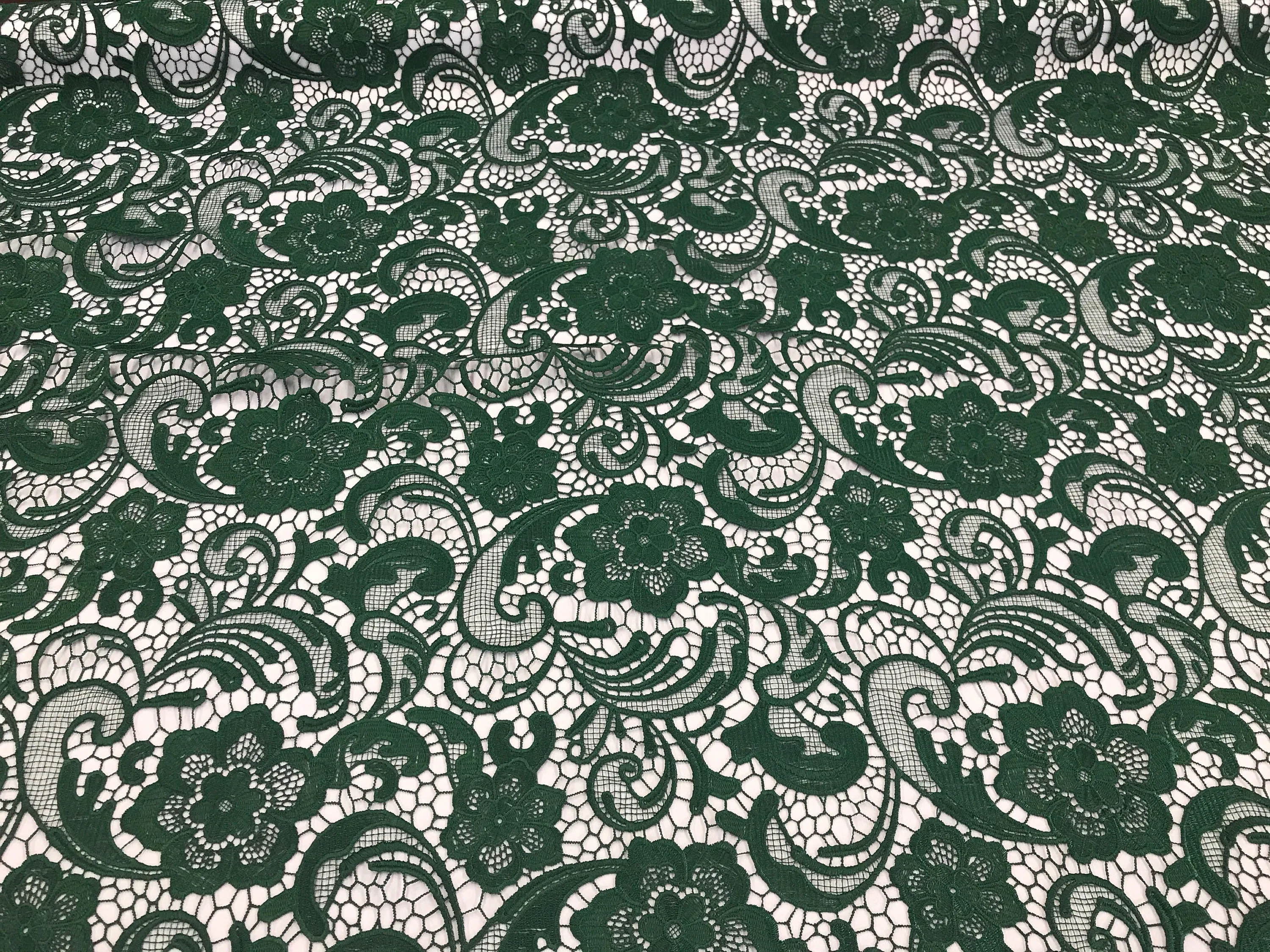 Hunter green floral guipure-chemical lace-dresses-fashion-apparel-nightgown-prom-decorations-sold by the yard.