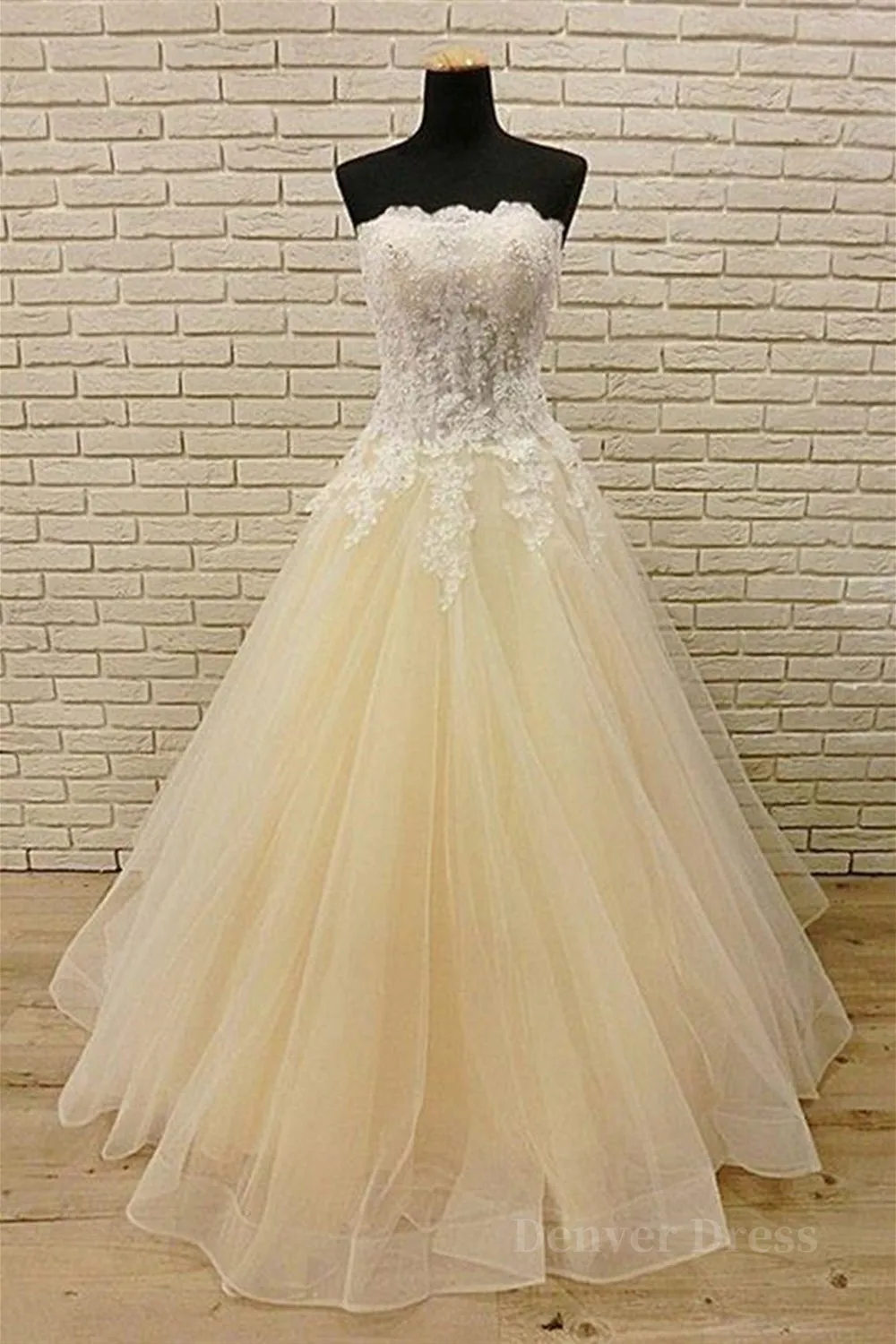 kamahe Strapless Champagne Long Prom Dresses with Lace Appliques, Champagne Lace Formal Evening Dresses